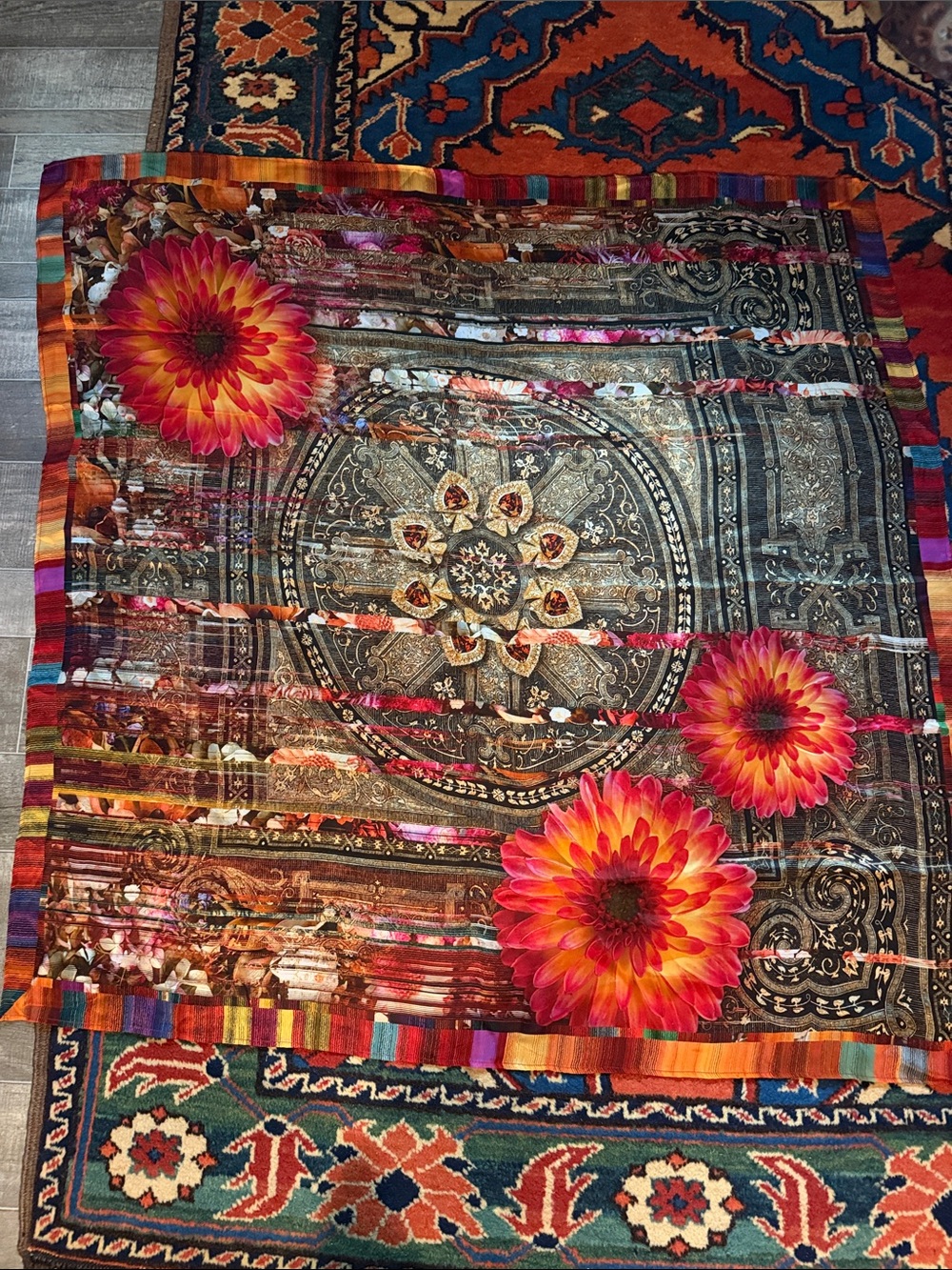 Vibrant Floral & Medallion Print 100% Silk Scarf